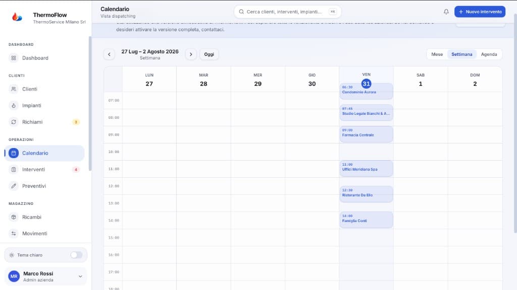 Screenshot gestionale — Calendario ThermoFlow